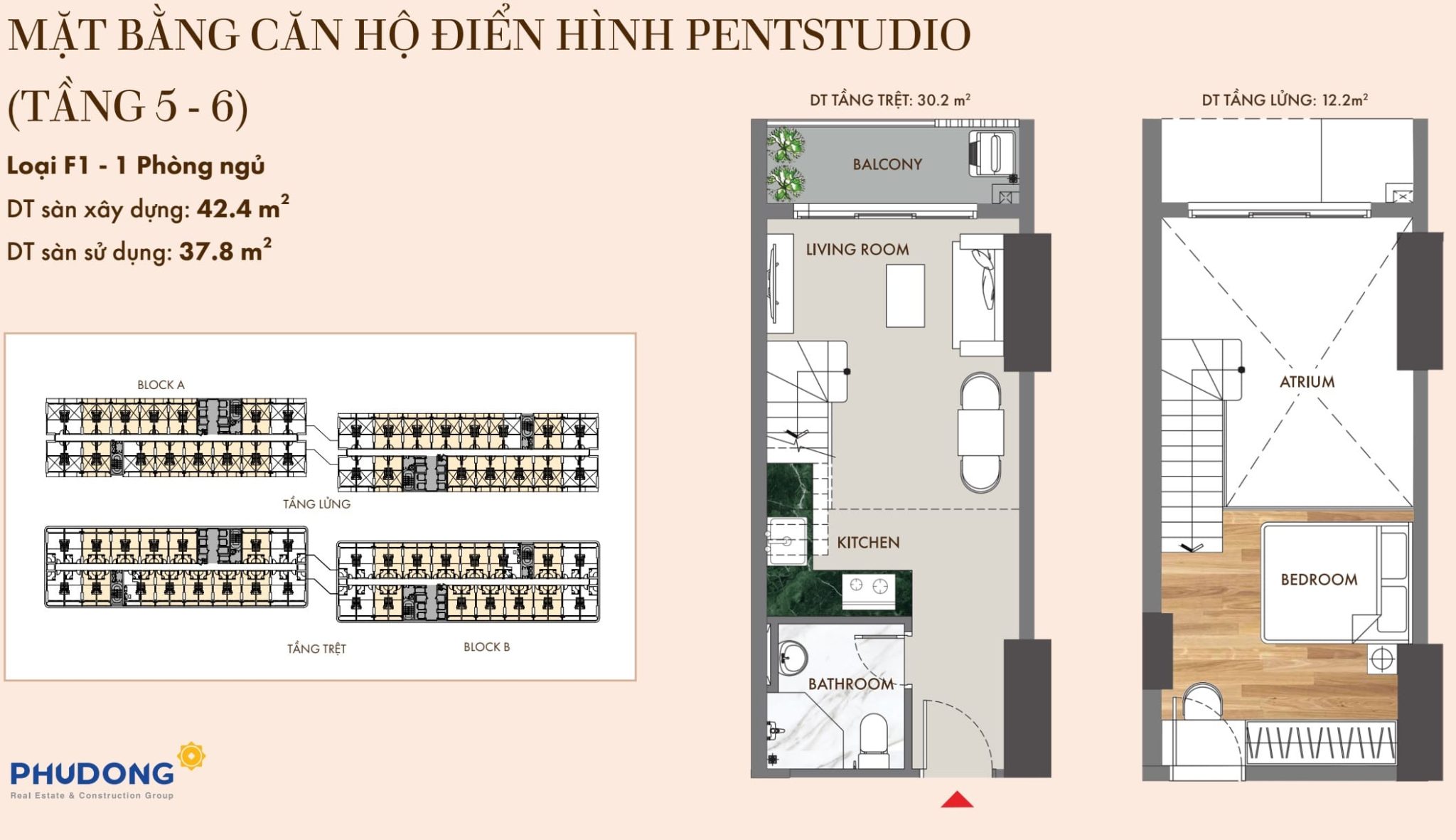 Căn hộ Pentstudio Phú Đông Sky One loại F1 – 1 phòng ngủ